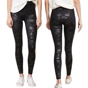Spanx Black Camo Faux Leather Leggings with Power Waistband Sz M Like New